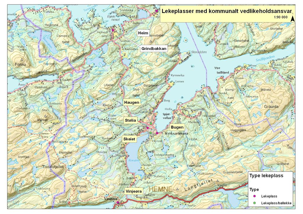 Delprosjekt: Lekeplass Heim boligfelt Lekeplassen oppgraderes med tanke på lekeutstyr. Eventuelt terrengjusteringer og etablering av plen om nødvendig. Tabell 3.17.