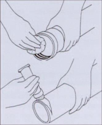 2.4 Utførelse av skjøt med tetningsring Rengjør muffe og spissende. Påfør et tynt lag smøremiddel på røret/rørdelens spissende og tetningsring eller på begge steder.
