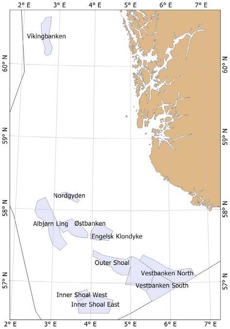 Resultater Bestandskartleggingen og analyser blir gjort per toktområde (Figur 1), og følgende områder er undersøkt siden 7: Vikingbanken Nordgyden Albjørn-Ling Østbank (inkl.