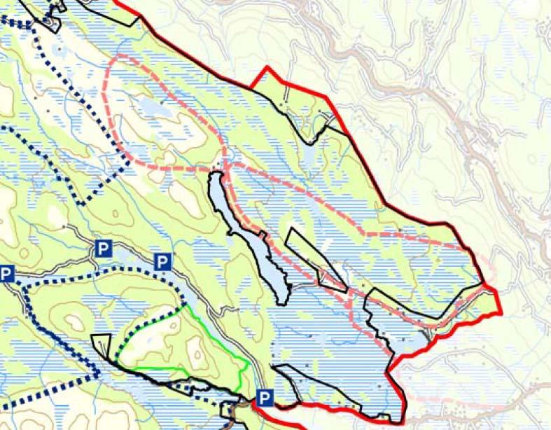 Tillatt trase inntegnet; stiplet lys rød farge. Utdrag fra høringsforslaget. Denne tillatelsen gjelder dispensasjon fra verneforskriftene.