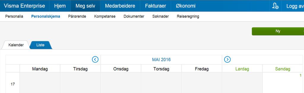 1. Meny for timelønn Timelønn ligger under Meg selv - Personalskjema i Visma web. Alle som har tilgang til Timelønn vil se Ny timeføring og ha tilgang til kalender for føring av timer under Nyknappen.