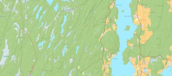 Planområdet vist med blå ellipse, ligger i en del av Indre Østfold der skog (grønn farge) dominerer. Kilde: NIBIO. 4.