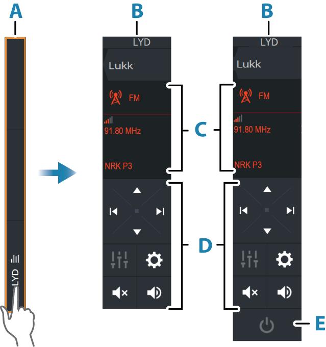 20 Lyd Om lyd-funksjonen Hvis et kompatibelt NMEA 2000- eller Ethernet-lydsystemet er koblet til nettverket, kan du bruke enheten til å styre og tilpasse lydsystemet på fartøyet.