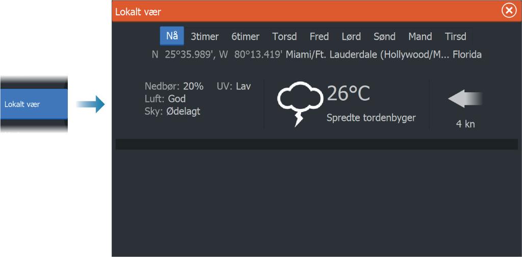 Lokalt vær Den lokale vær-dialogboksen viser gjeldende vær og værmelding for din posisjon. Væralternativer Visningsalternativer Nedbør Nedbørstype og intensitet vises med ulike fargetoner.