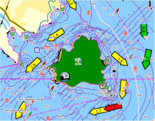 Når du velger ett av ikonene, vises tidevanns- eller strøminformasjonen for stedet. Dynamiske strømdata kan vises ved å zoome inn med et zoomområde på 1 nautisk mil.