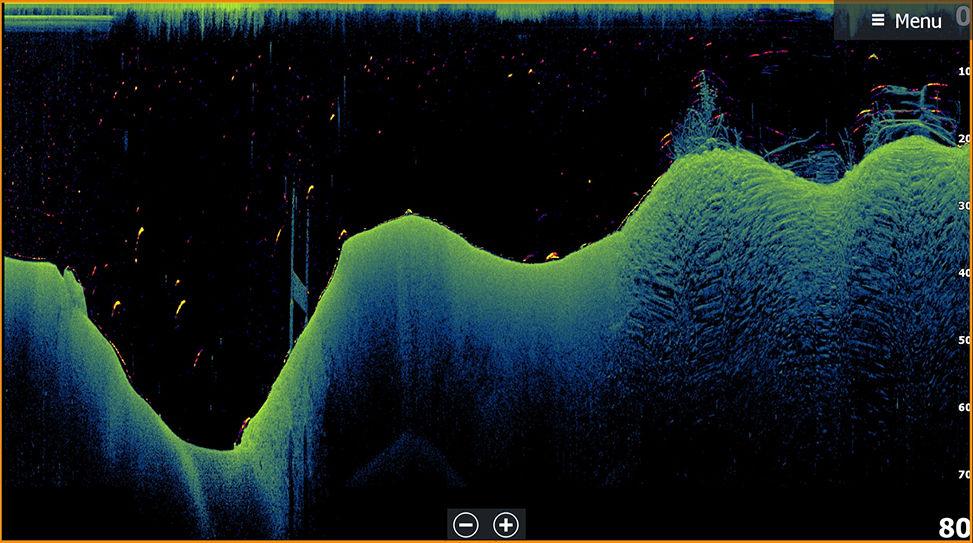 10 DownScan Om DownScan DownScan gir detaljerte bilder av struktur og fisk rett under båten. DownScan-vinduet er tilgjengelig når en DownScan-svinger er koblet til systemet.