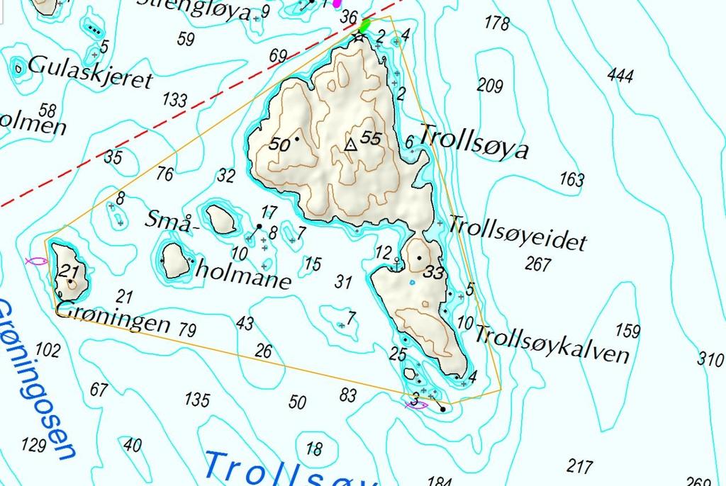 Figur: føreslått fredingsområde for hummar omkring Trollsøy Området er avgrensa av geografiske koordinatar; 1. N 60 07,910 Ø 05 13,595 2. N 60 07,749 Ø 05 13,694 3. N 60 07,653 Ø 05 15,722 4.