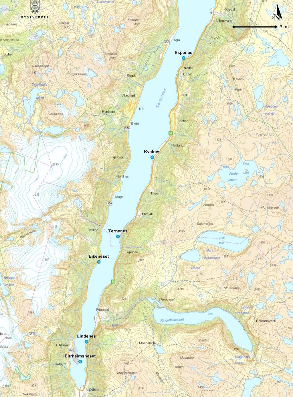 7. Dagens situasjon marine forhold 7.1. Generell beskrivelse Sørfjorden er ca. 38 km lang, rett og relativt smal og omgitt av høye fjell på begge sider og er en del av Hardangerfjorden.
