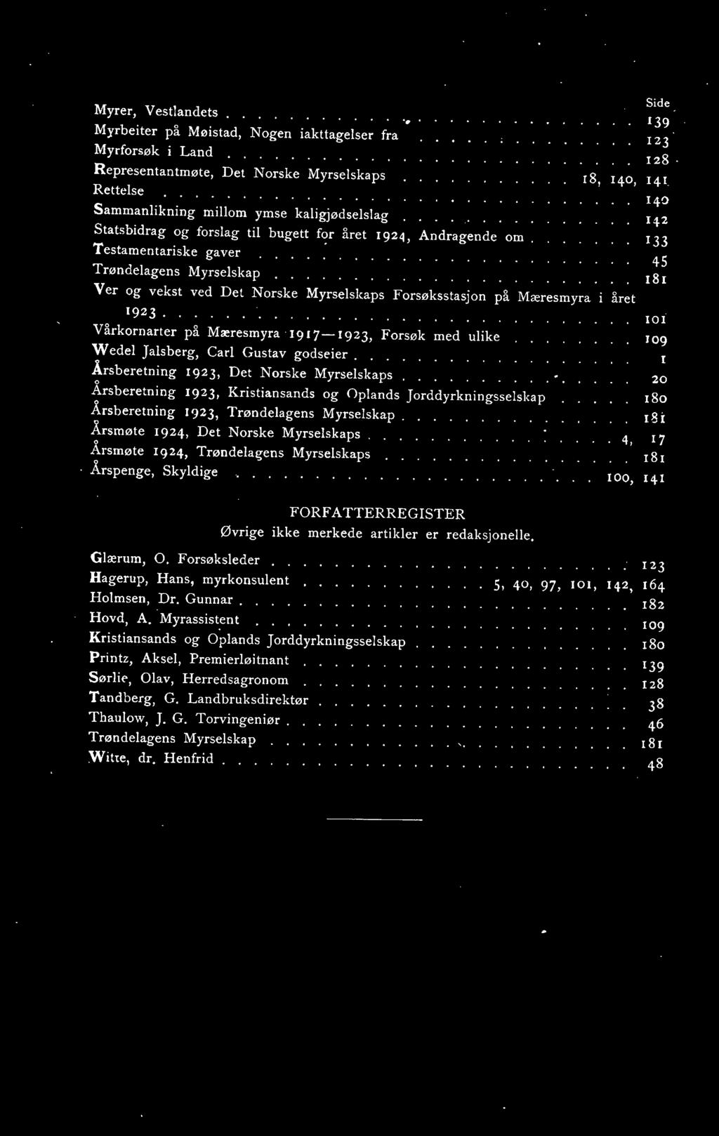 ........... Ver og vekst ved Det Norske Myrselskaps Forsøksstasjon p& Mæresmyra i året 1923. V&rkornarter p& Mæresmyra 1917-1923, Forsøk med ulike Wedel Jalsberg, Carl Gustav godseier.