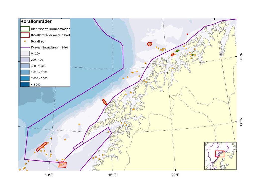 Figur i Kart over identifiserte korallområder og rev i forvaltningsplanområdet. Kilde: Norsk marint datasenter, HI ii.