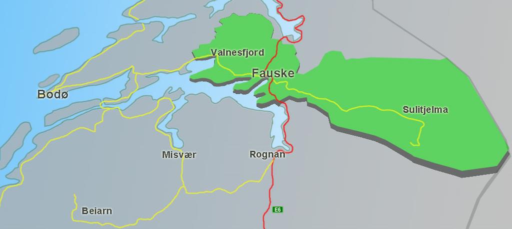 Innledning Kort om Fauske kommune. Fauske kommune ligger i regionen Salten i Nordland fylke. Tettstedet Fauske ligger 52 km fra Bodø, som er fylkeshovedstad for Nordland. Figur 1.