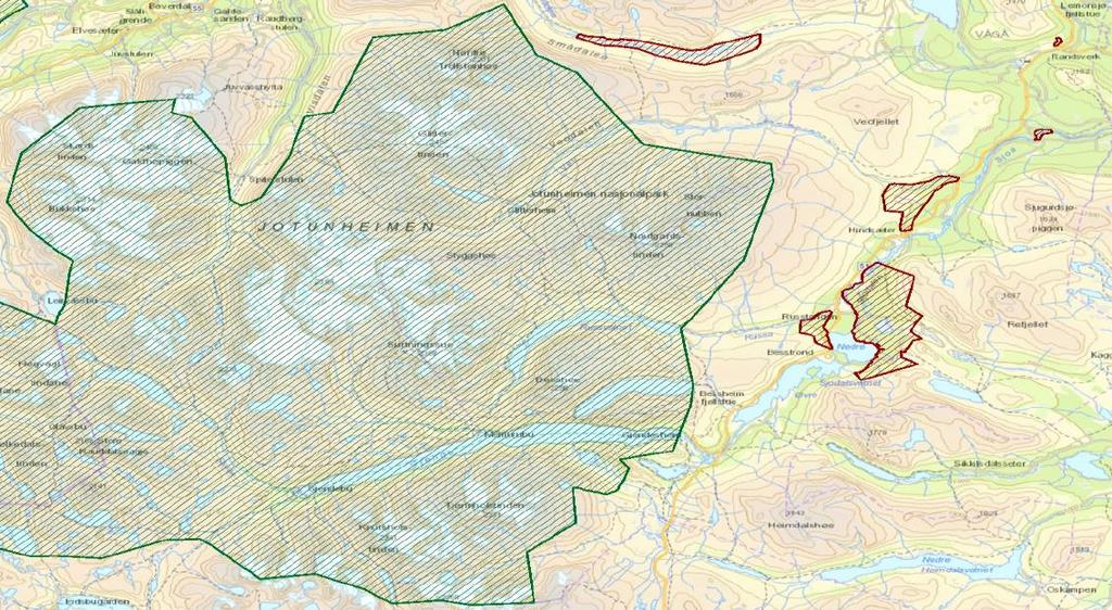 To av desse analyseområda omfattar randsonen til Jotunheimen nasjonalpark og Utladalen landskapsvernområde sjå kart under som viser område nr. 8 i Oppland og område nr.