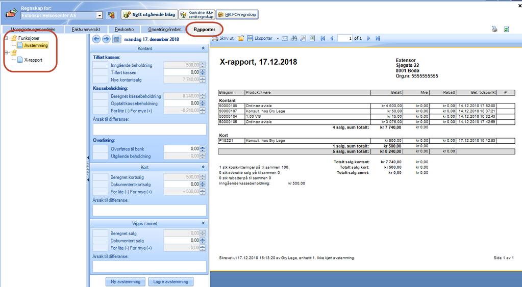 For å komme til skjema for avstemming av kasse kan en etter å ha startet Extensor 05 gå til Skrankefunksjoner nederst i bildet og enten trykke på [Kasseavstemming] eller [Start regnskap].