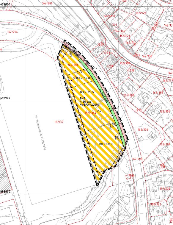 39 Krohnsminde Idrettsplass (arealplan-id 71400), hvor bnr. 1364 er regulert til Kontor/offentlig formål (F2) og øvrige areal (deler av bnr. 39 og 301) til Anlegg for idrett og sport. FRI2.