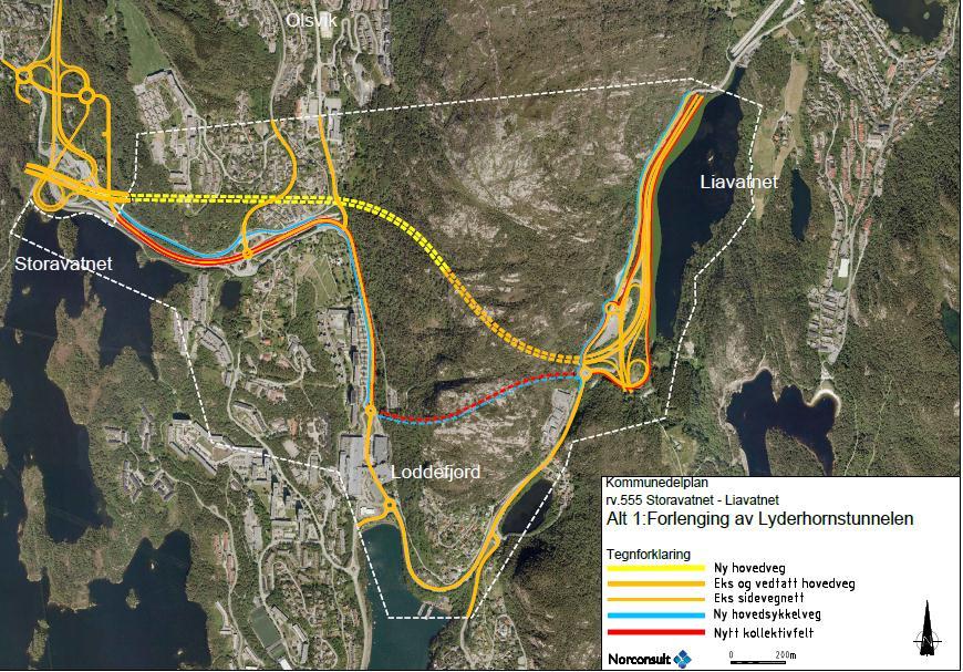Figur 2.3. Alternativ 1, forlenget Lyderhorntunnel til Storavatnet, kollektiv- og sykkeltunnel til Loddefjord. 2.3 ALT.