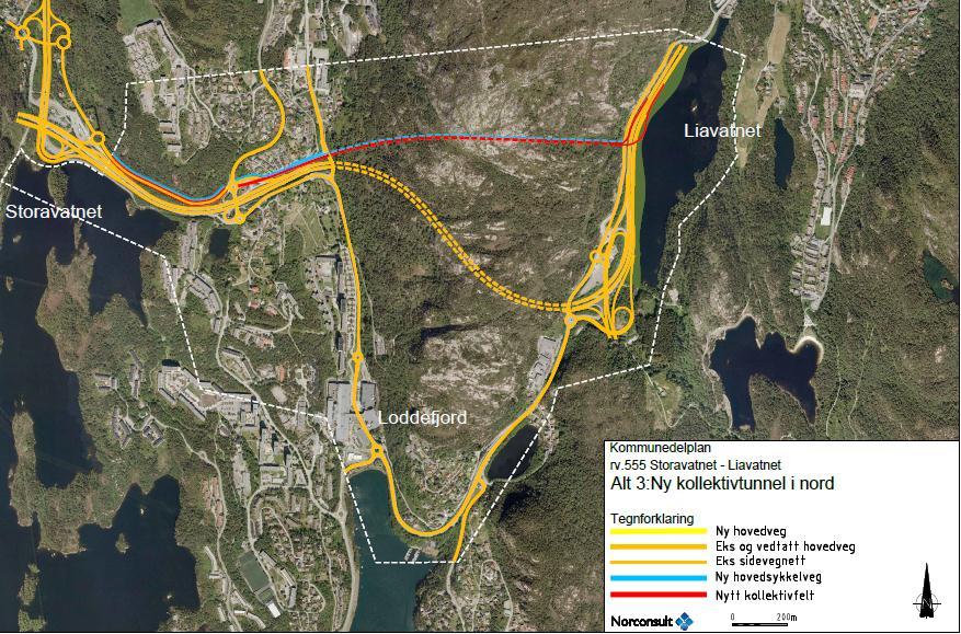 Alt. 3 variant med forlenget kollektivtunnel_ Alt. 3_ Figur 2.5. Alternativ 3 med variant. Ny buss- og sykkeltunnel nord for Lyderhorntunnelen. 2.5 ALT.