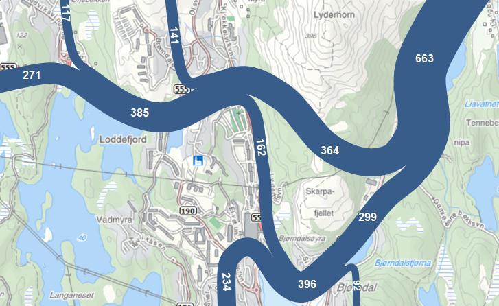 Figur 5.3. Trafikkprognose alternativ 2, ÅDT 2030. 5.1.2 Buss Figur 5.4. Trafikkprognose alternativ 3 og 4, ÅDT 2030.