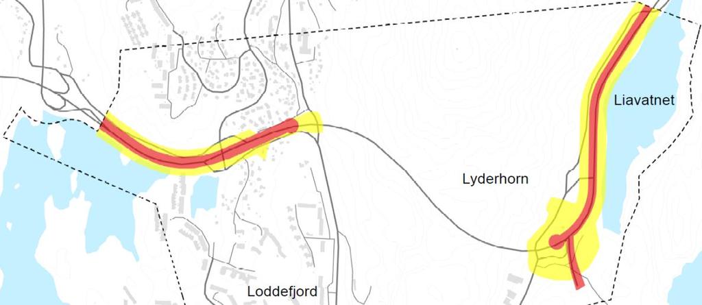 Det er derfor utarbeidet figurer som viser områdene for overskridelse og gule soner kun for NO 2. Områdene med beregnede forurensingskonsentrasjoner som gir røde og gule soner er vist i Figur 6.