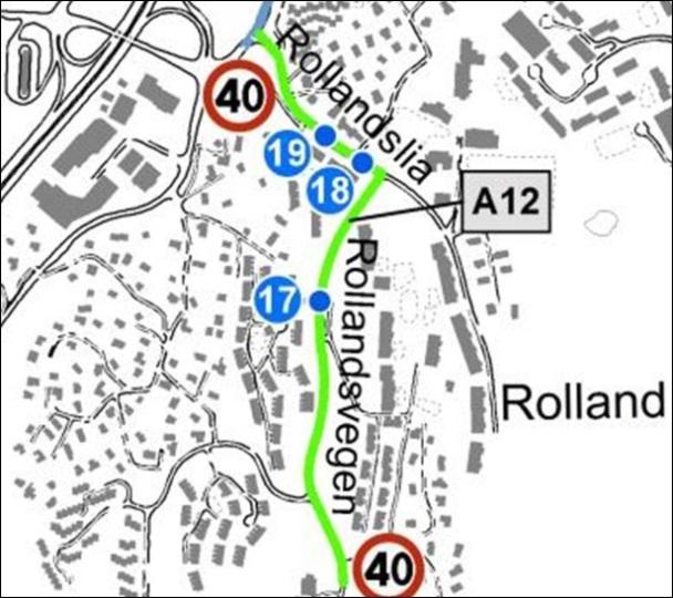 24 (55) DETALJREGULERING Kartutsnitt fra rapport. Det er innført 40 km/t i Rollandslia.