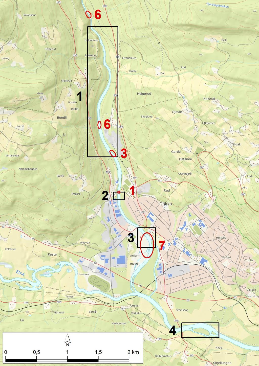 Figur 3: Svarte firkanter er strekninger i Dokka elv og Dokka-Etna undersøkt ved gytefiskregistreringen 7. oktober 2016.