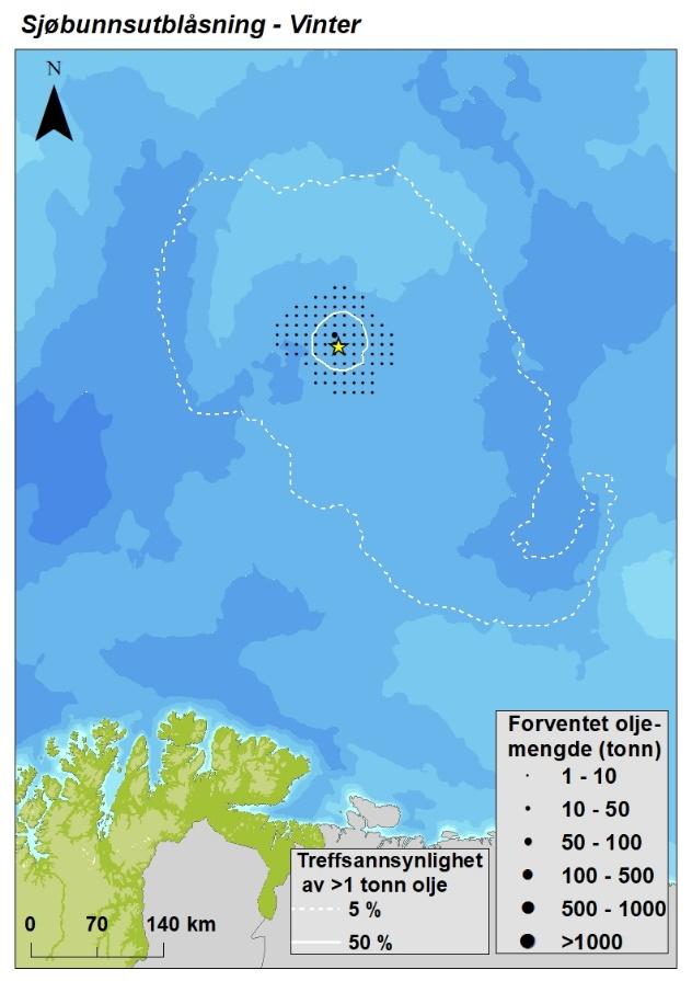 Figur 2-2 Sesongvise forventede treff av oljemengder ( 5 % treff av > 1 tonn olje) i 10 10 km sjøruter gitt en sjøbunnsutblåsning fra letebrønn 7335/3-1 Korpfjell Deep.