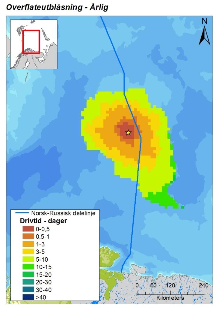 Figur 2-3 Drivtider (dager) for olje innenfor influensområdet til brønn 7335/3-1 Korpfjell Deep. Figurene viser også delelinjen mellom Norge og Russland. 2.3.2 Miljørisiko for sjøfugl åpent hav Miljørisiko i hver skadekategori for sjøfugl i åpent hav i Barentshavet er presentert i Figur 2-4.