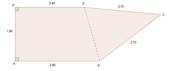 BD er hypotenusen. Reknar i CAS GeoGebra Lengda av BD er 1,96 meter. 2 b) Vis at arealet av sideflata ABCDE er 7,50 m.