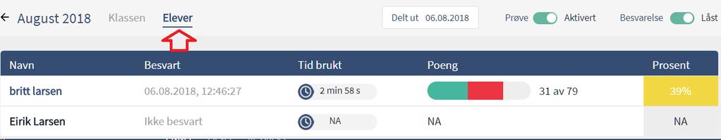 Ved å klikke på elevens navn vil læreren få detaljert statistikk (både på elev- og klassenivå).