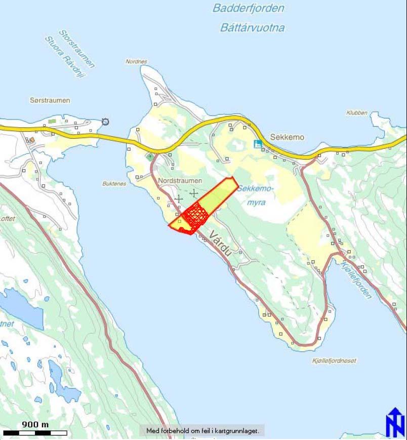 2. Planområdet 2.1 Oversiktskart Området ligger ca. 1,5 km fra E6 ved Sørstraumen bru i retning Kvænangsbotn, langs fylkesvei 361. Størrelsen på området søm ønskes regulert er på ca. 68 dekar.