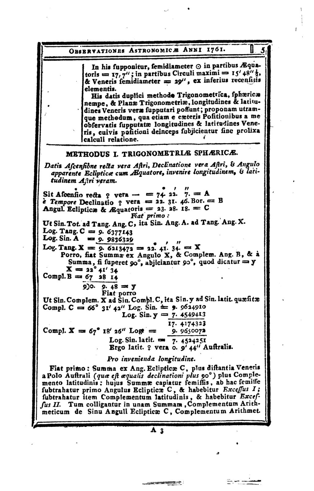 Obsbrvationbs Astronomicjb Ahmi 1J61. In his supponitur, semidiameter 0 in partibus Mquatoris = 17, 7"; in partibus Circuli maximi =» 15' 48"$, & Veneris semidiameter = 39", ex ìnserius recensai!