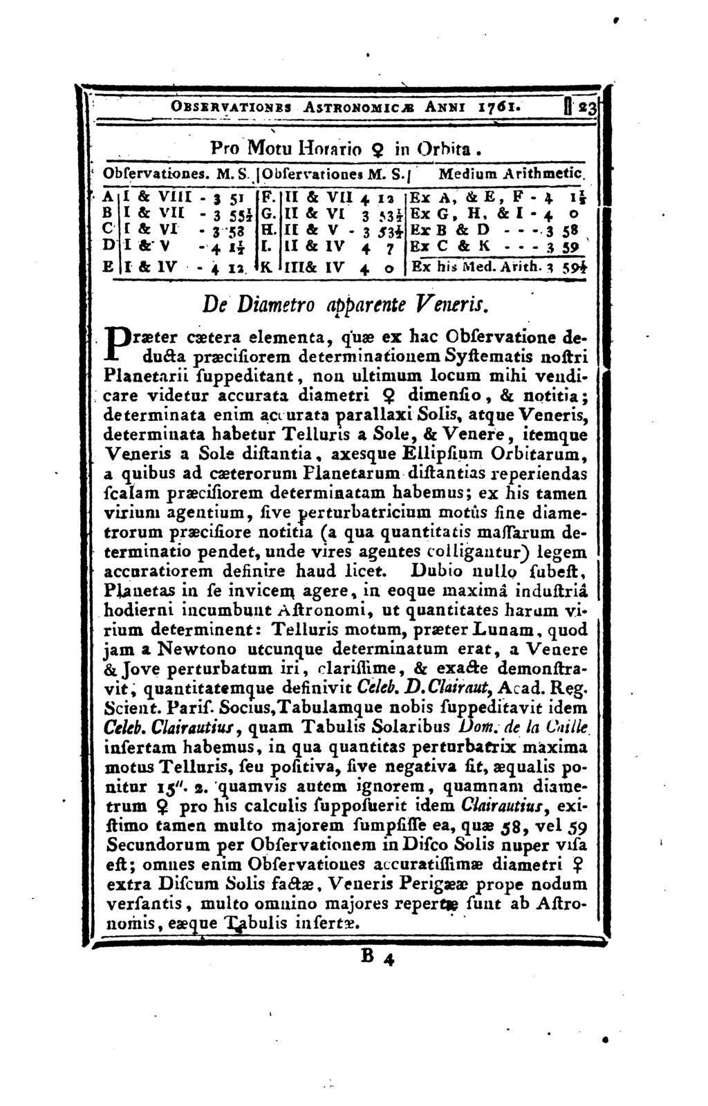Observations* Astronomics Anni 1761. U 23I Pro Motu Horario Ç in Orhita. Observationes. M. S. Observationes M. S. Medium Arithmetic. A I & VIII - 3 51 F.
