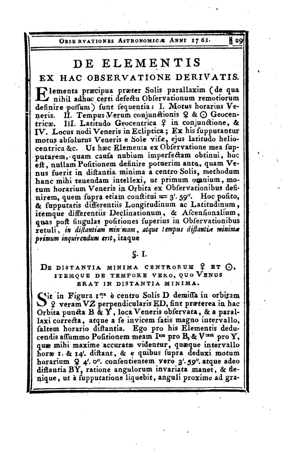 Obse rvationks AstronomicvB Anni 1761. U 29 DE ELEMENTIS, EX HAC OBSERVATIONE DERIVATIS.