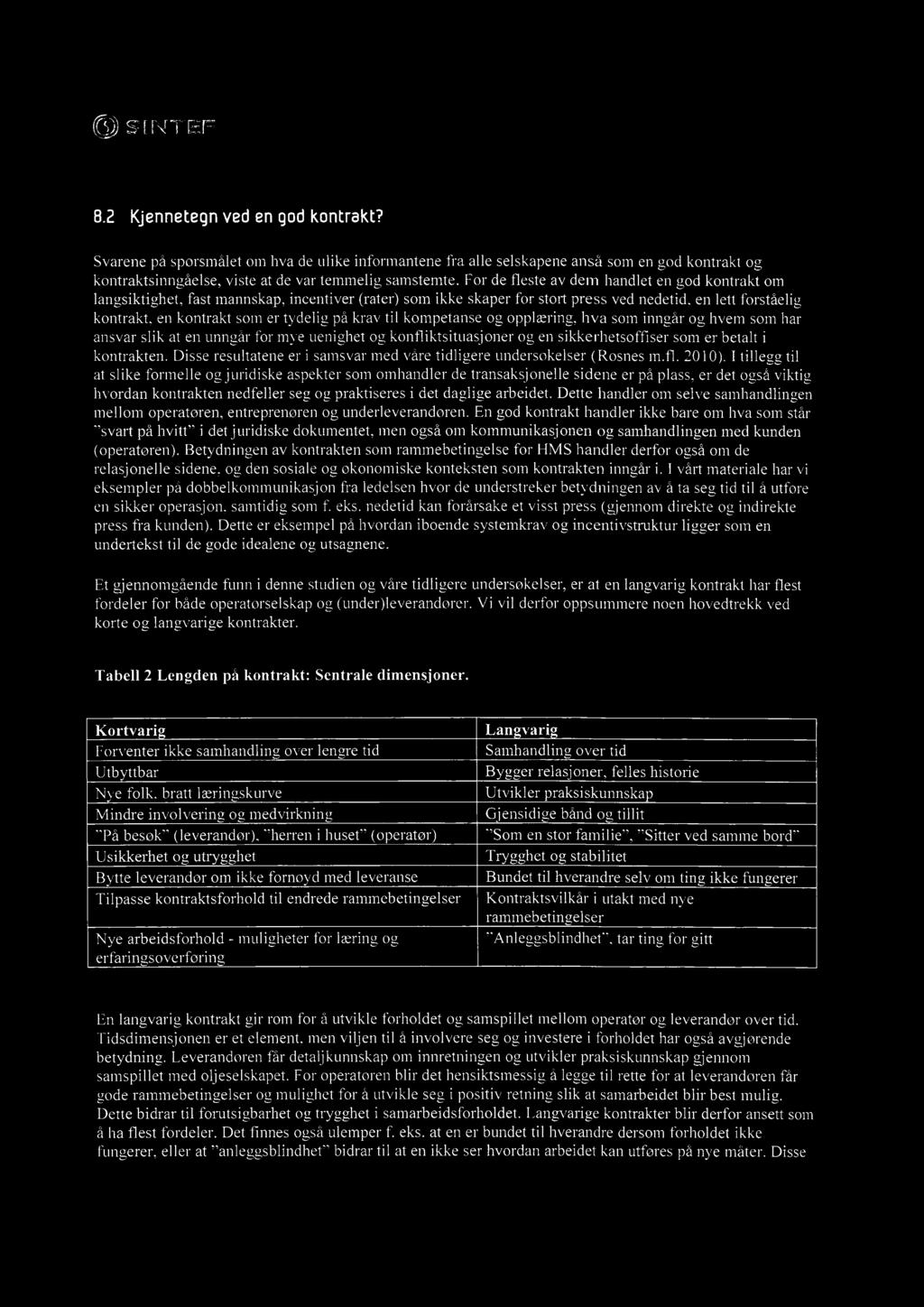 8.2 Kjennetegn ved en god kontrakt? Svarene på spørsmålet om hva de ulike informantene fra alle selskapene anså som en god kontrakt og kontraktsinngåelse, viste at de var temmelig samstemte.