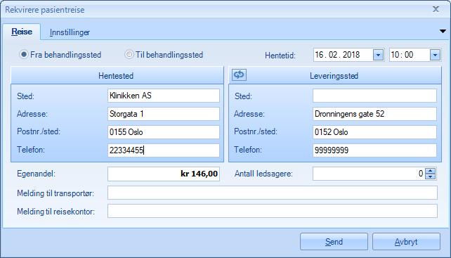 Da kommer dette bildet opp, med adressene til behandlersted og pasient ferdig utfylt: Her kan man velge om det er transport til eller fra behandlingsstedet, man kan redigere informasjonen om