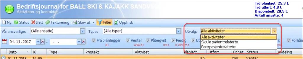 personrelaterte aktiviteter, slik at bare bedriftsaktiviteter vises Bare pasientrelaterte o Viser bare personrelaterte aktiviteter Det