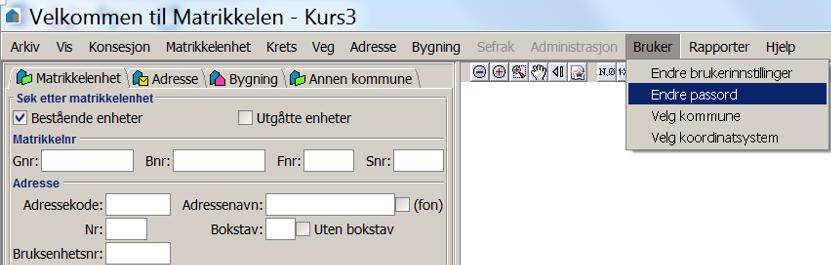 Endre passord Mål med oppgaven: La kursdeltager få kjennskap til hvordan en endrer passord i matrikkelklienten til kartverket Hold peker over menyvalget Bruker i menyen.