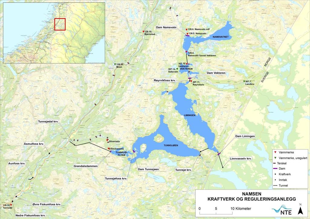 Figur 4. Oversiktskart over kraftverk og reguleringsanlegg i Namsenvassdraget. I kartet er det også tatt med terskler i Tunnsjøen, Limingen, Vekteren og Namsen.