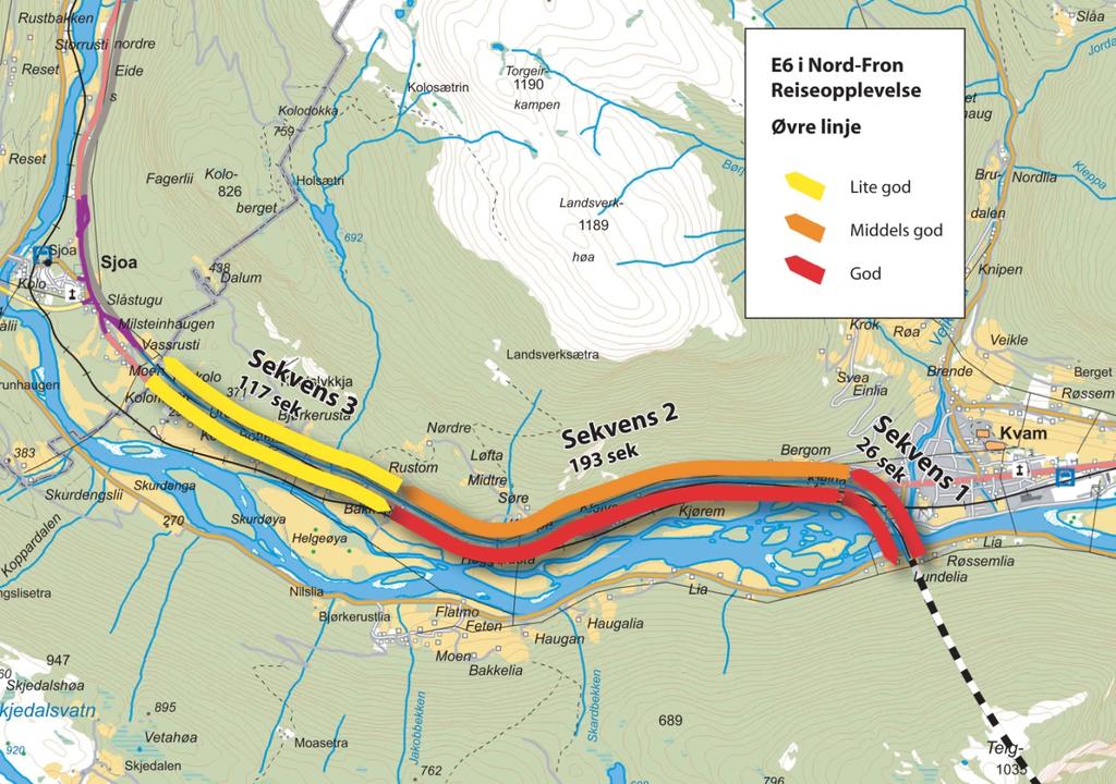 3.3 Alternativ 2 - Reiseopplevelse, sør-nord/nord-sør, Teigkampen - Sel grense (temakart 4) Temakart 4: Alternativ 2 - Reiseopplevelse, sør-nord, Teigkampen - Sel grense Reiseopplevelse sør-nord