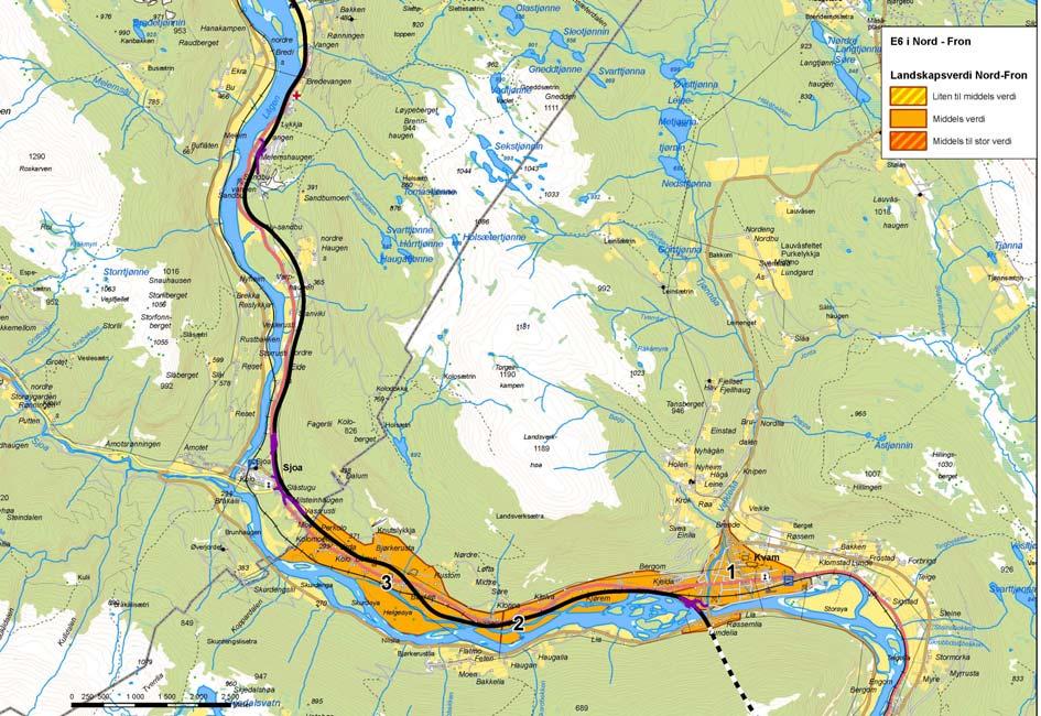 Temakart 2 : Verdivurderinger (med veglinje alternativ 1a, 1b, 2 og 3 ) Temakart 2: Verdivurderingen av landskapsbildet innenfor planområdet er delt inn i 3 delområder.