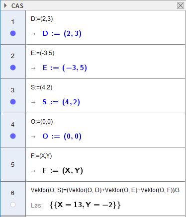 En DEF er gitt. To av hjørnene er, D og E, 5. Tyngdepunktet er 4, S.