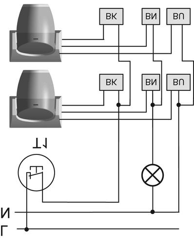 Bilde 17: Koblingsplan bevegelsesdetektor o Koble til bevegelsesdetektor og valgfri installasjonstast T1(åpner) for valg av driftsmodus i henhold til koblingsskjema (bilde 17).
