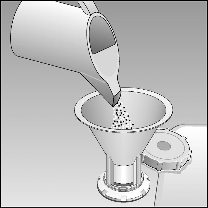 Påfylling av spesialsalt Saltets virkningsmåte Mens oppvasken pågår, blir saltet automatisk tilført vannet fra saltbeholderen og det løser opp kalken.