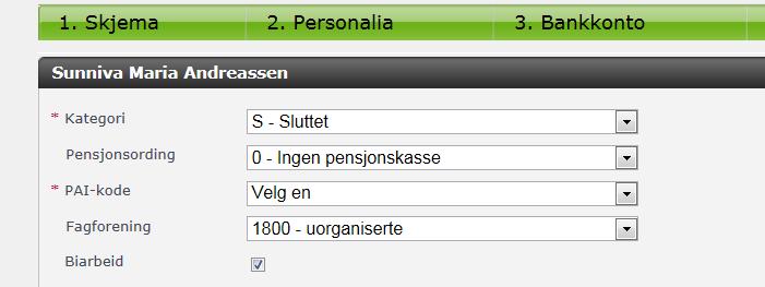 6. Ansattopplysninger Kategori må fylles ut. For nye ansatte skal det enten velges F-Fast avlønning eller V- Variabel lønn. Unntaksvis kan det være at X-Selvst. Næringsdriv. skal benyttes.