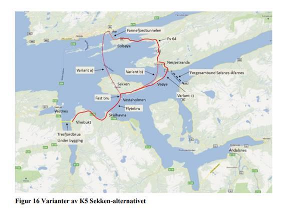 For K5 Sekken-alternativet ble følgende undervarianter vurdert: Ulike tekniske løsninger, inkludert flytebruer, ble vurdert for Sekken-alternativet i KVU.