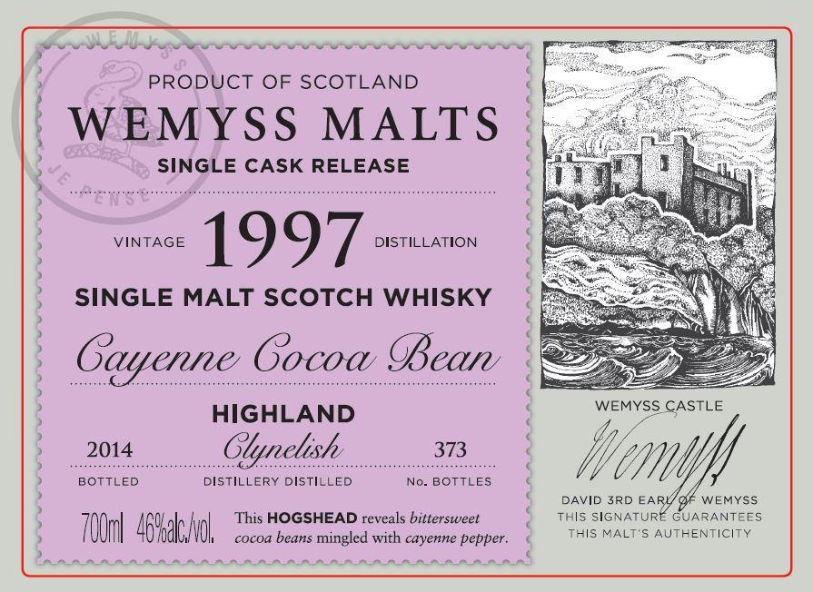 Cayenne Cocoa Bean - Clynelish 1997 17 YO Modnet i et hogshead. Destillert i 1997 og tappet høsten 2014. Fatet ga 373 fl Farge: Lys gylden Aroma: Frisk og kompleks.