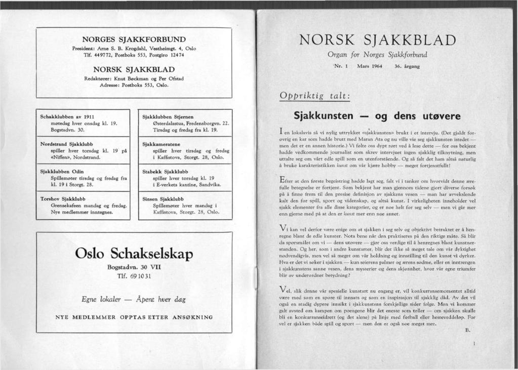 NORGES SJAKKFORBUND President: Arne S. B. Krogdahl, Vostheimgt. 4, Oslo Tlf.