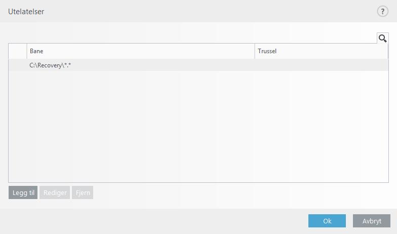 3.9.1.12 Utelatelser Det er mulig å utelate filer og mapper fra skanning. For å sikre at alle objekter skannes for trusler, anbefaler vi at du kun oppretter unntak hvis det er absolutt nødvendig.