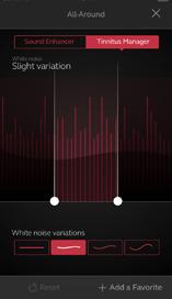 Tinnitus Manager Dette har du tilgang til i appen Tinnitus Manager er tilgjengelig i appen hvis Tinnitus Sound Generator (TSG) her aktivert i ett eller flere av programmene som er tilpasset av