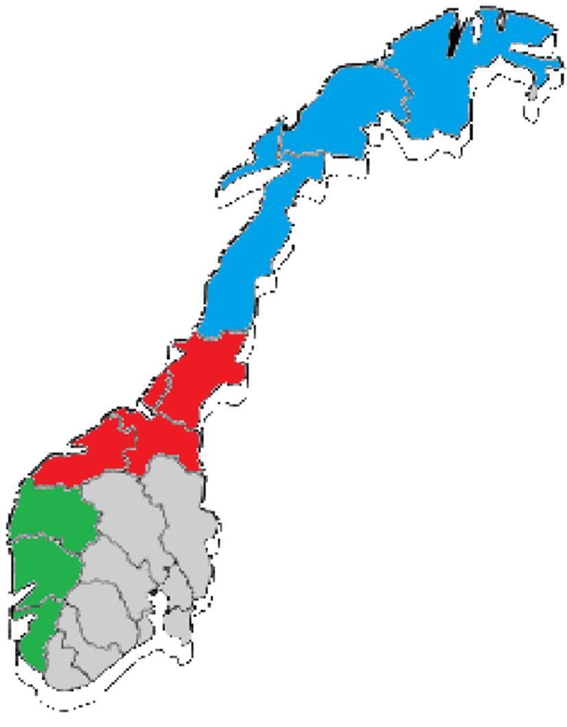 Definisjoner» Jeg har delt landet inn i tre regioner Nord Midt Vest» Videre vil jeg bruke tre EWOS spesifikke parametre EGI : Et regionkorrigert mål på tilvekst hvor 100 er normalen, høyest er best