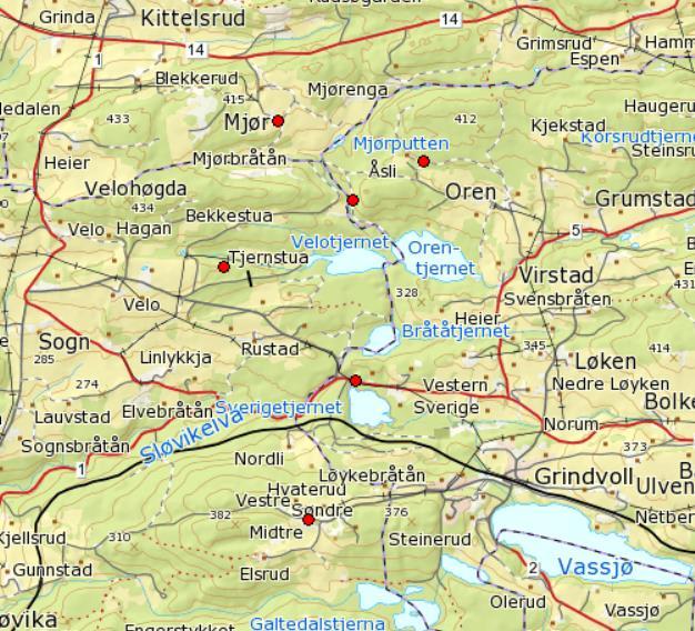 Figur 5. Oversikt over funn av fiolett gullvinge ved Grindvoll og tilgrensende områder i Lunner kommune, Oppland. Funnene er angitt som røde punkter.